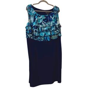 CONNECTED WOMAN Dress Plus 20W 2X Ruffle Floral Watercolor Dressy Career Blue